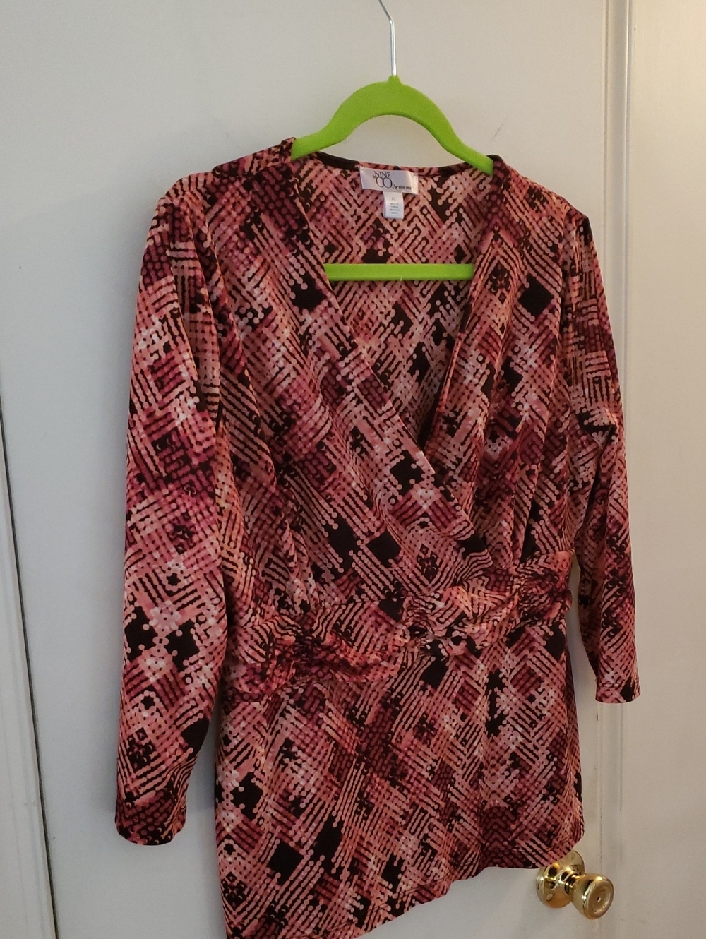 Nine West Pink Patterned 3/4-Sleeve Wrap Look Top